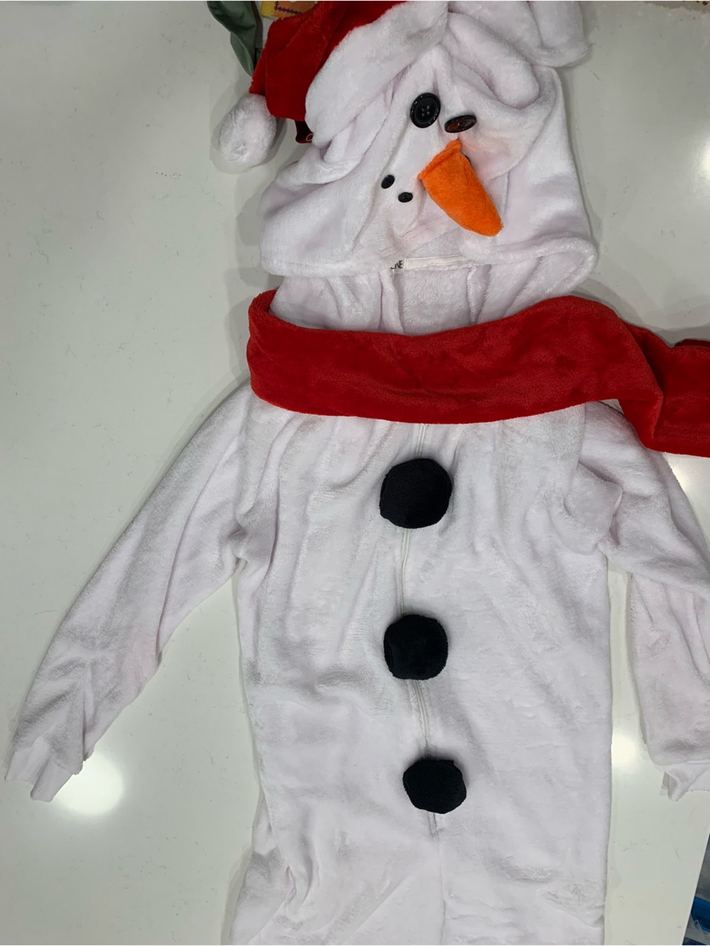 Adult White Snowman Onesie Costume with Red Scarf and Black Buttons